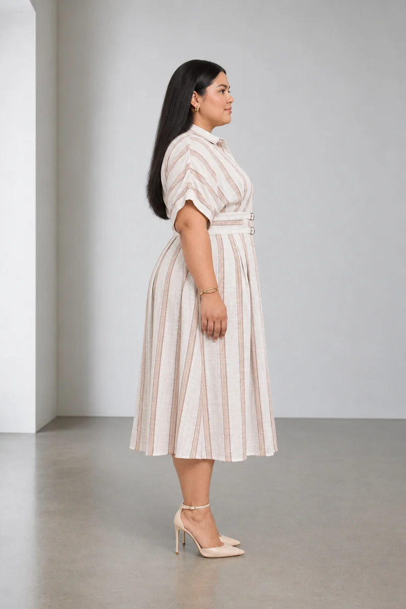 Odelle|Cotton Striped Belted Midi Dress