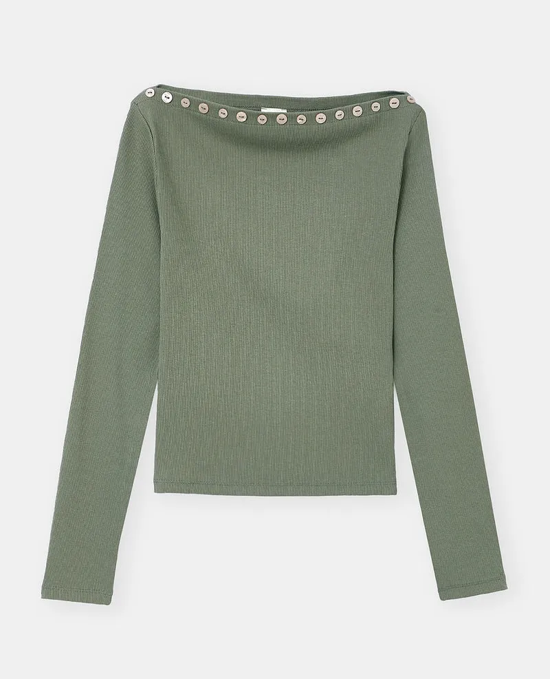 T-shirt manches longues col bateau avec boutons