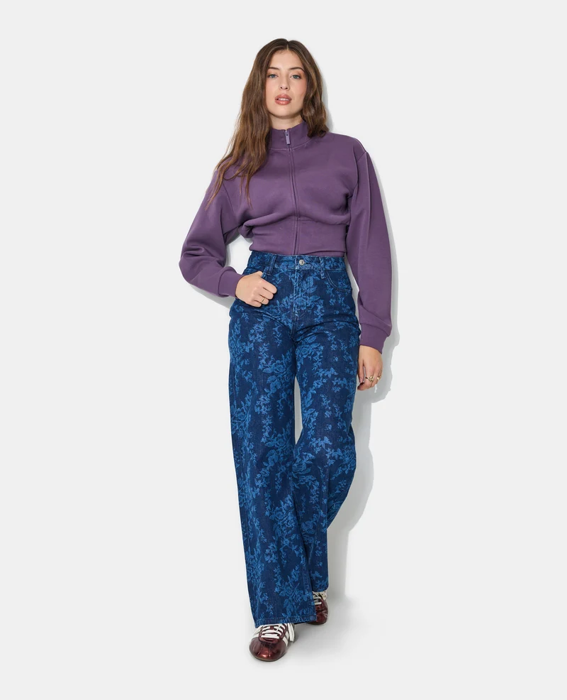 Jean straight taille haute motif fleurs