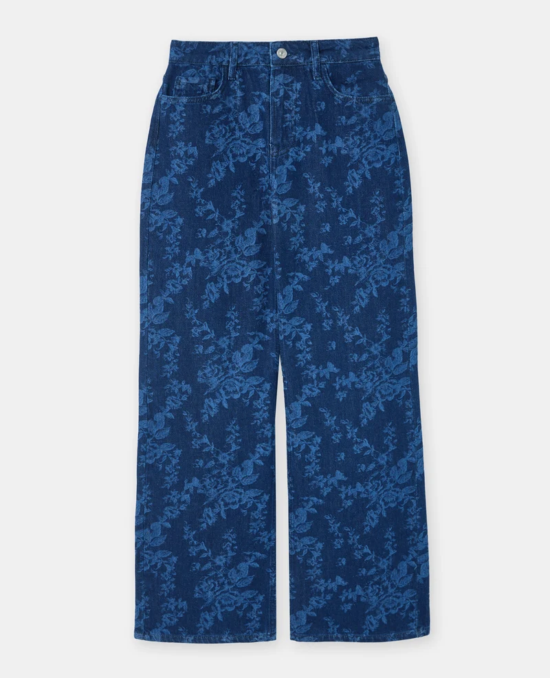 Jean straight taille haute motif fleurs