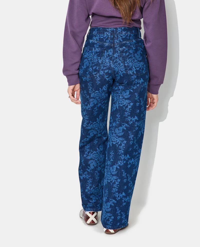Jean straight taille haute motif fleurs