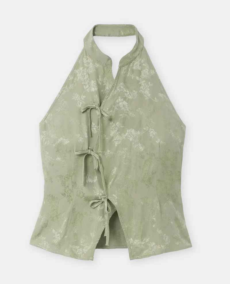 Top dos-nu en tissu satiné avec col mao et fleurs