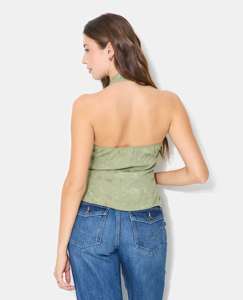 Top dos-nu en tissu satiné avec col mao et fleurs