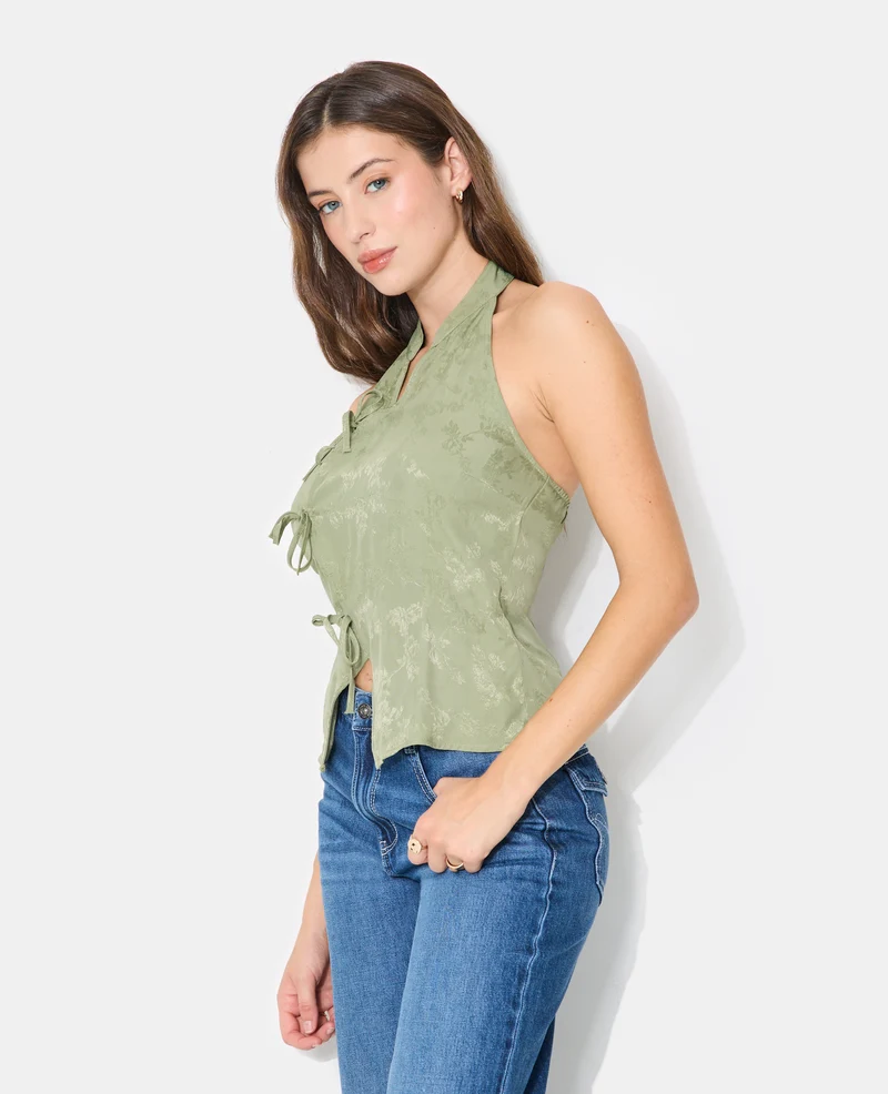 Top dos-nu en tissu satiné avec col mao et fleurs