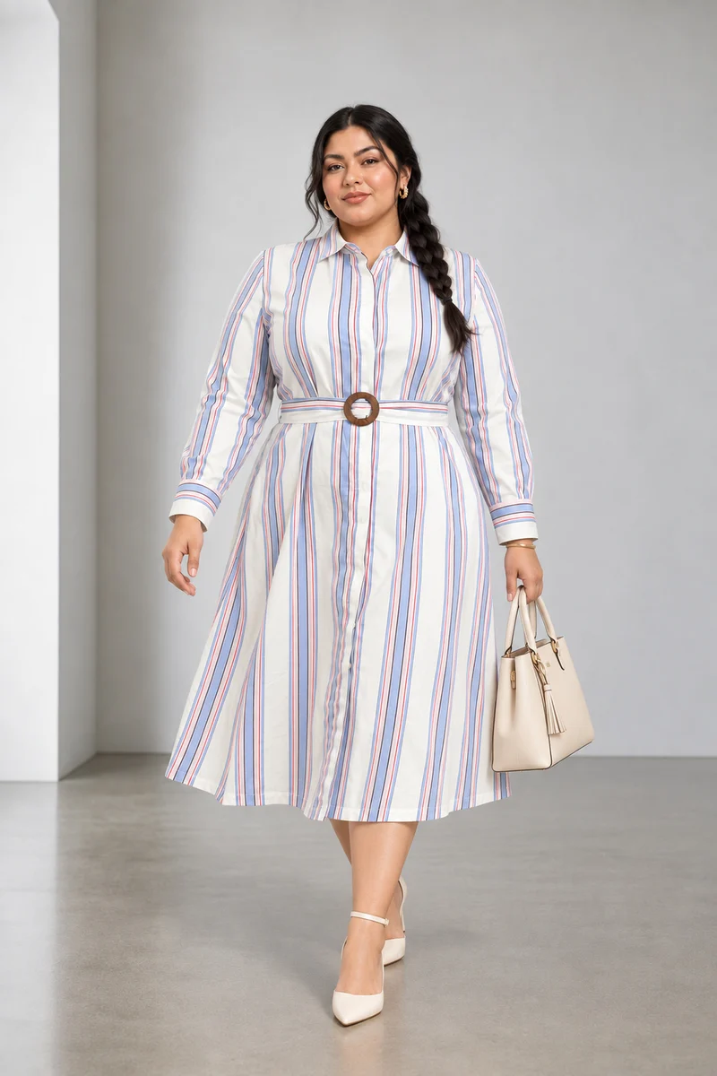 Torin|Cotton Striped Midi Shirt Dress