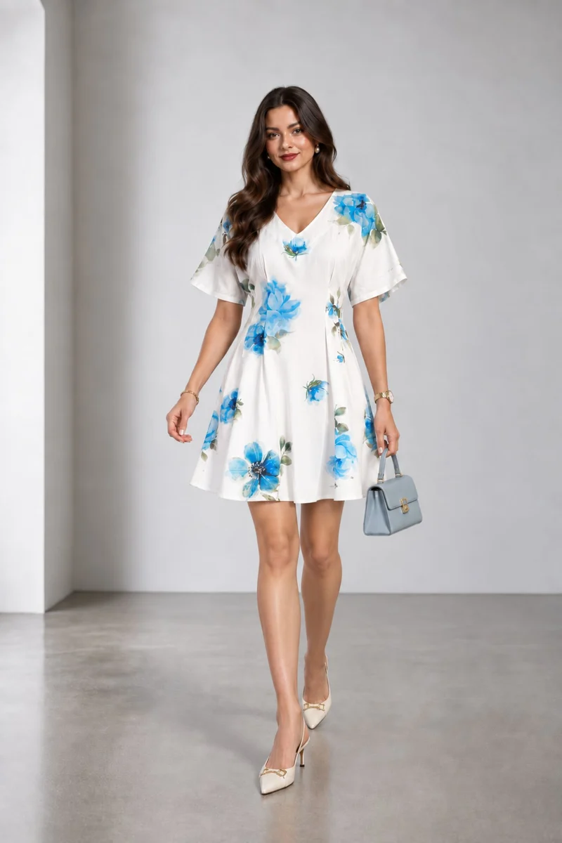 Cyria|Viscose Fit Flare Vneck Mini Dress