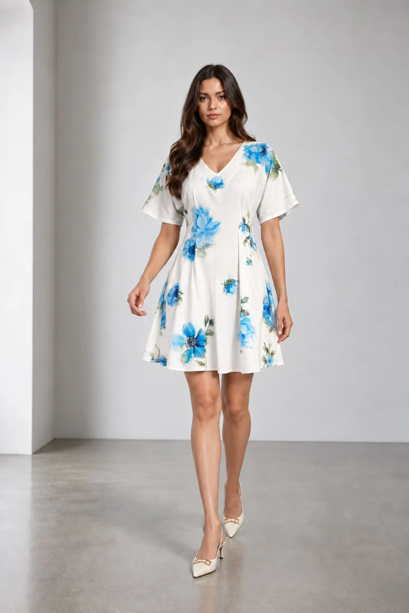 Cyria|Viscose Fit Flare Vneck Mini Dress