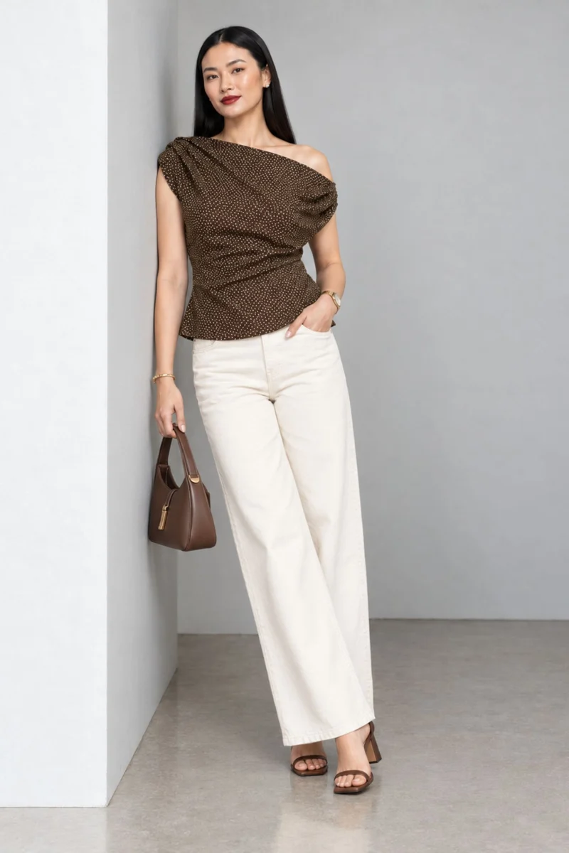 Olyra|Viscose Polka Oneshoulder Draped Top