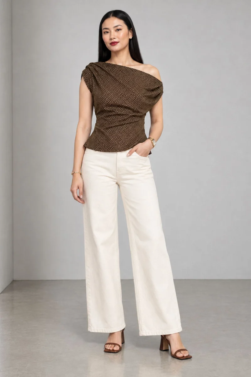 Olyra|Viscose Polka Oneshoulder Draped Top