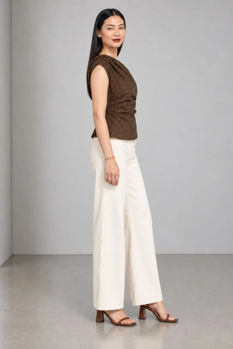Olyra|Viscose Polka Oneshoulder Draped Top