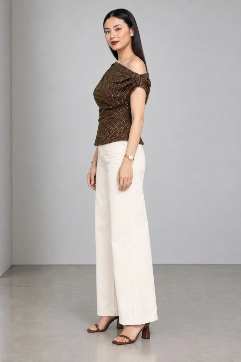 Olyra|Viscose Polka Oneshoulder Draped Top