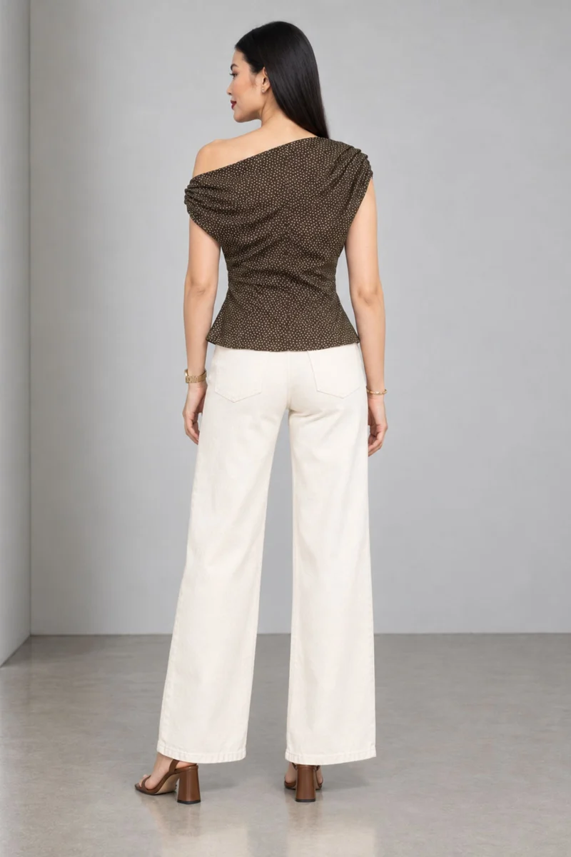 Olyra|Viscose Polka Oneshoulder Draped Top