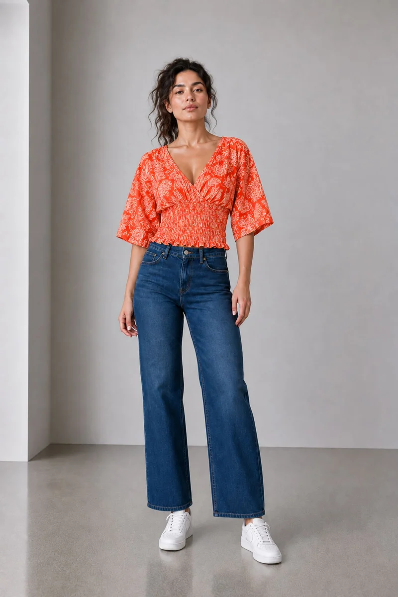 Nolira|Bandana Print Cotton Smocked Waist Blouse