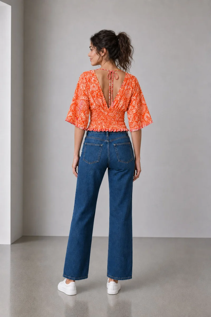 Nolira|Bandana Print Cotton Smocked Waist Blouse