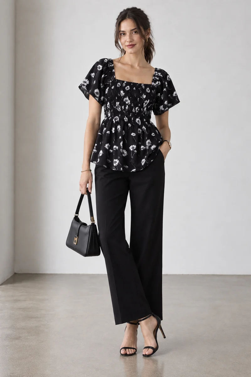 Sablea|Viscose Smocked Peplum Bell Sleeve Top