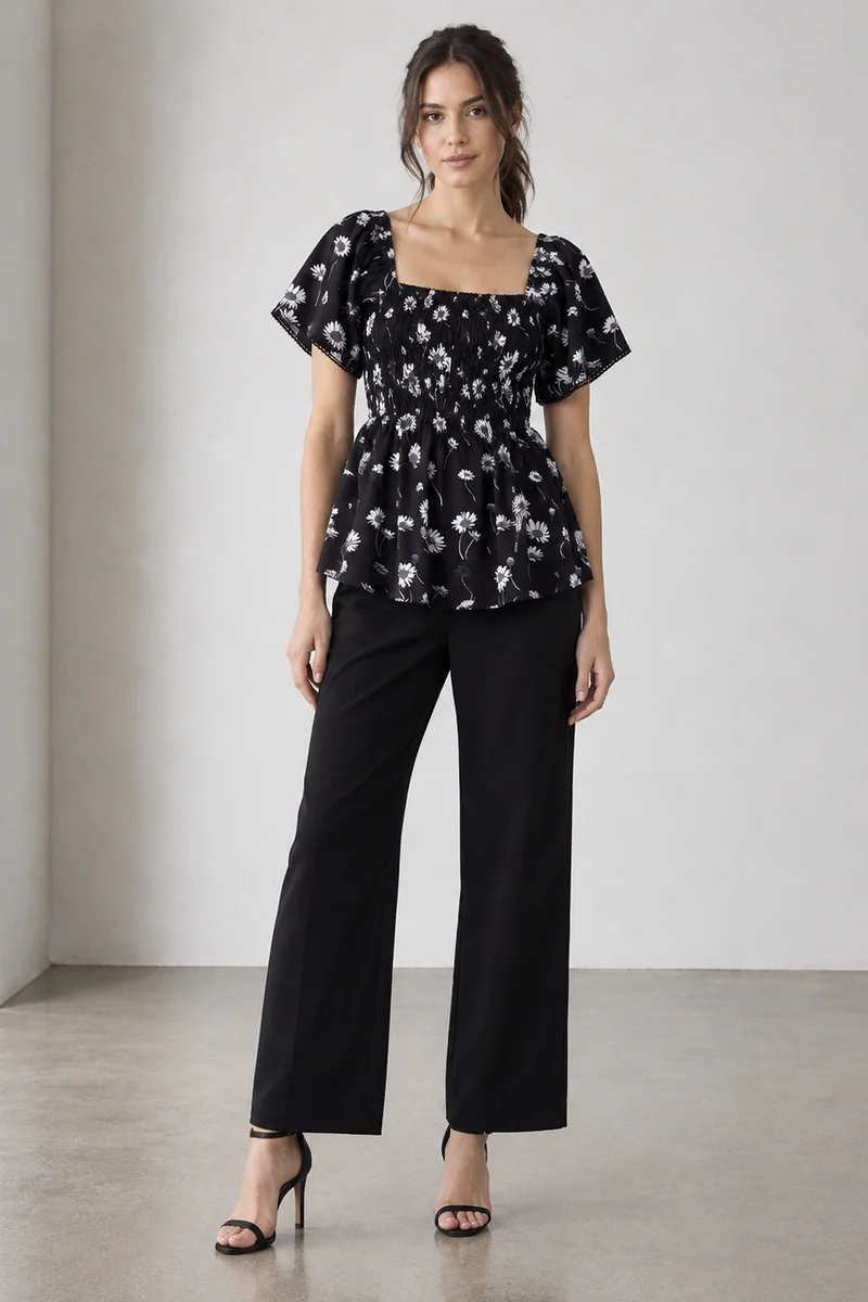 Sablea|Viscose Smocked Peplum Bell Sleeve Top