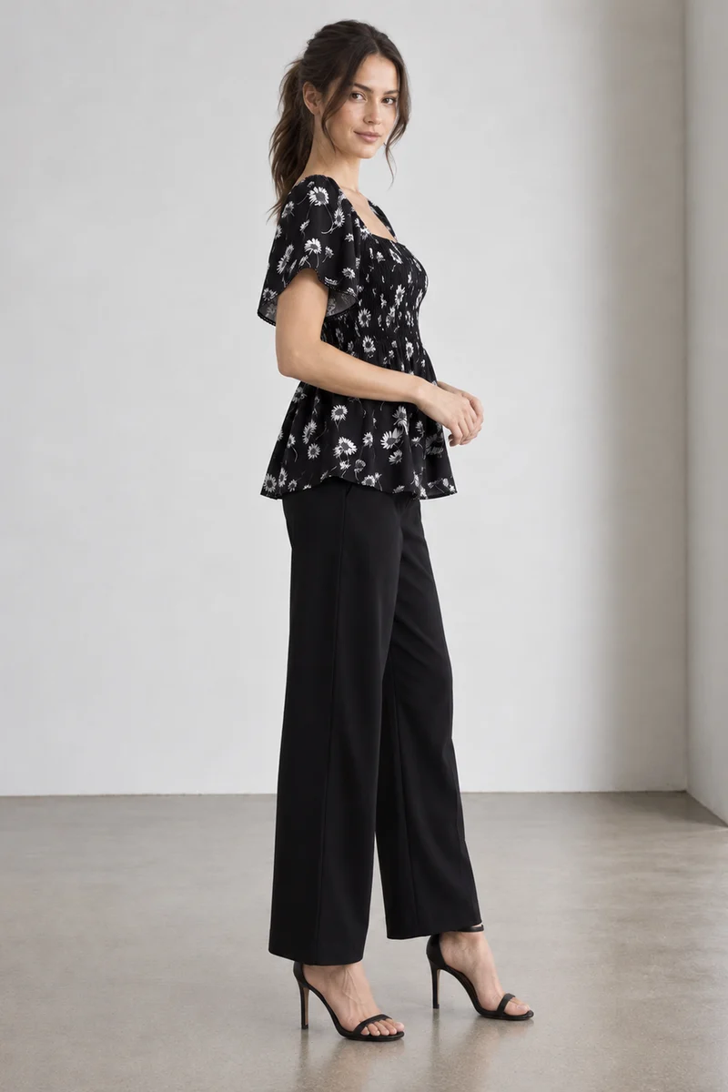 Sablea|Viscose Smocked Peplum Bell Sleeve Top