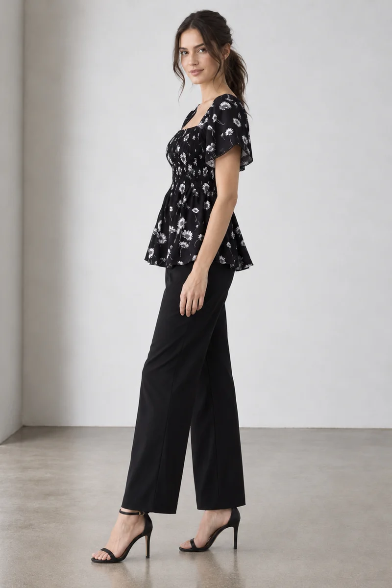 Sablea|Viscose Smocked Peplum Bell Sleeve Top