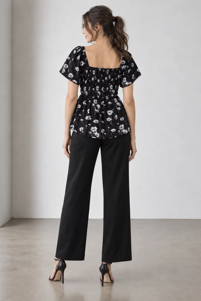 Sablea|Viscose Smocked Peplum Bell Sleeve Top