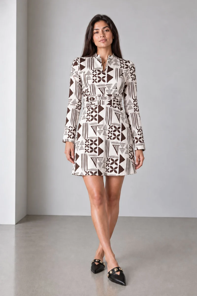 Kaelin|Black White Tribal Print A Line Mini Dress