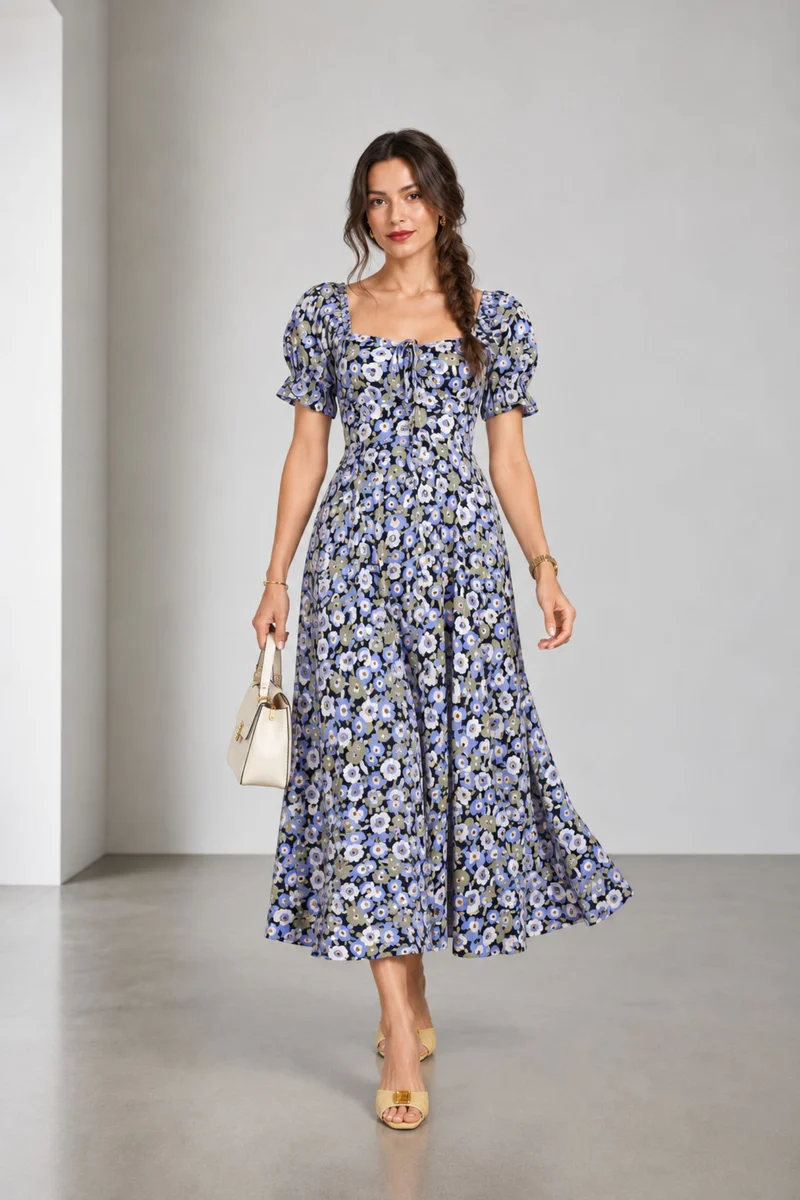 Zorai|Viscose Sweetheart Neck Midi Dress