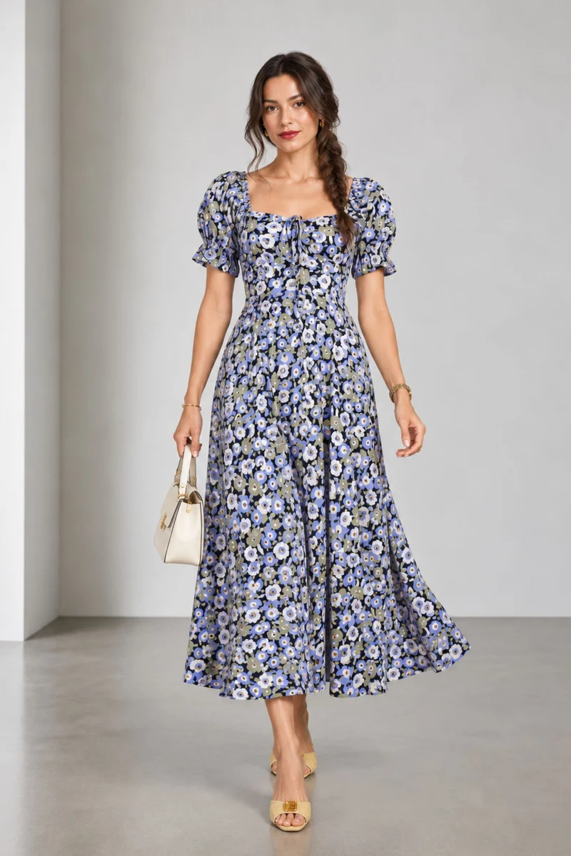 Zorai|Viscose Sweetheart Neck Midi Dress