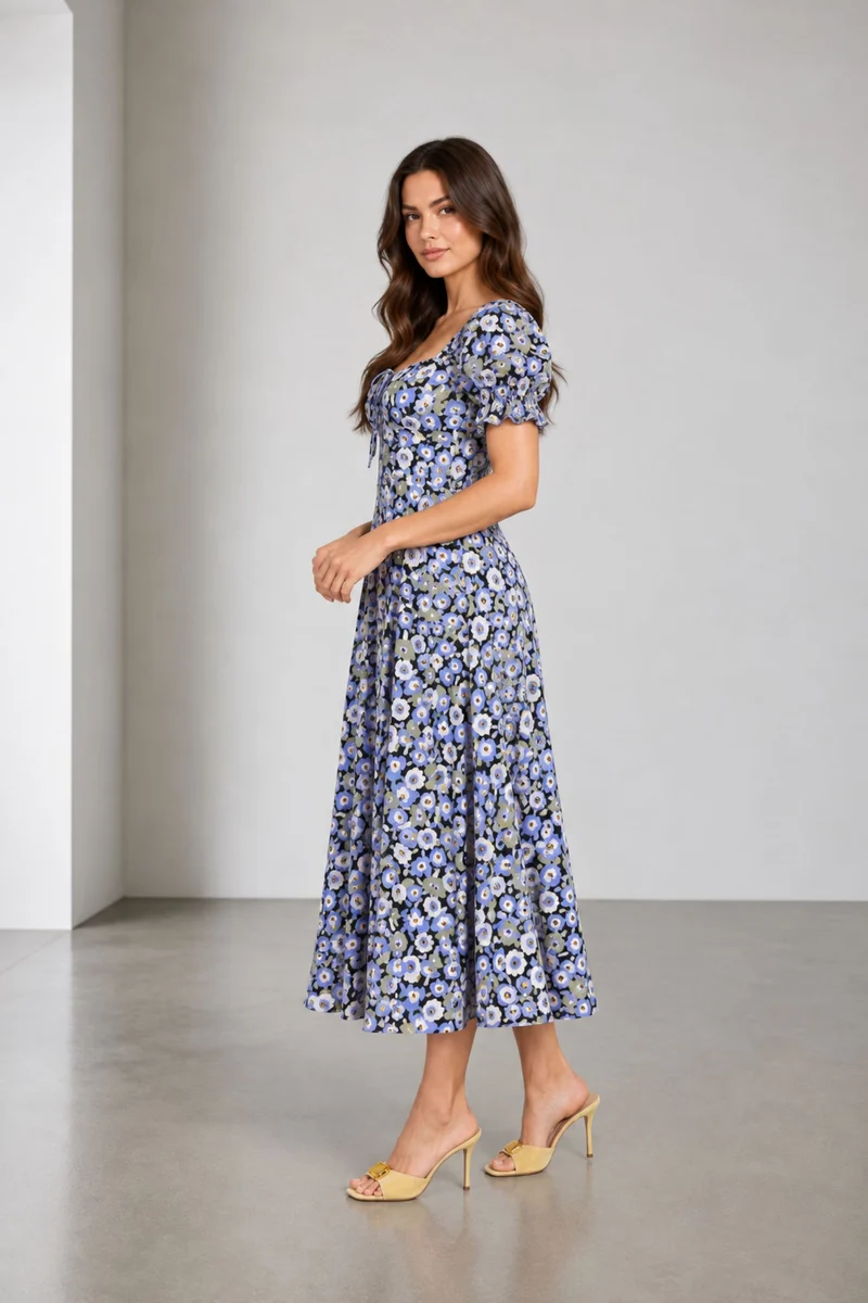 Zorai|Viscose Sweetheart Neck Midi Dress