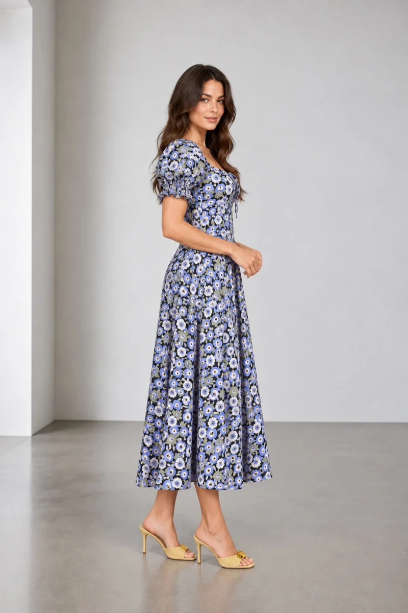 Zorai|Viscose Sweetheart Neck Midi Dress