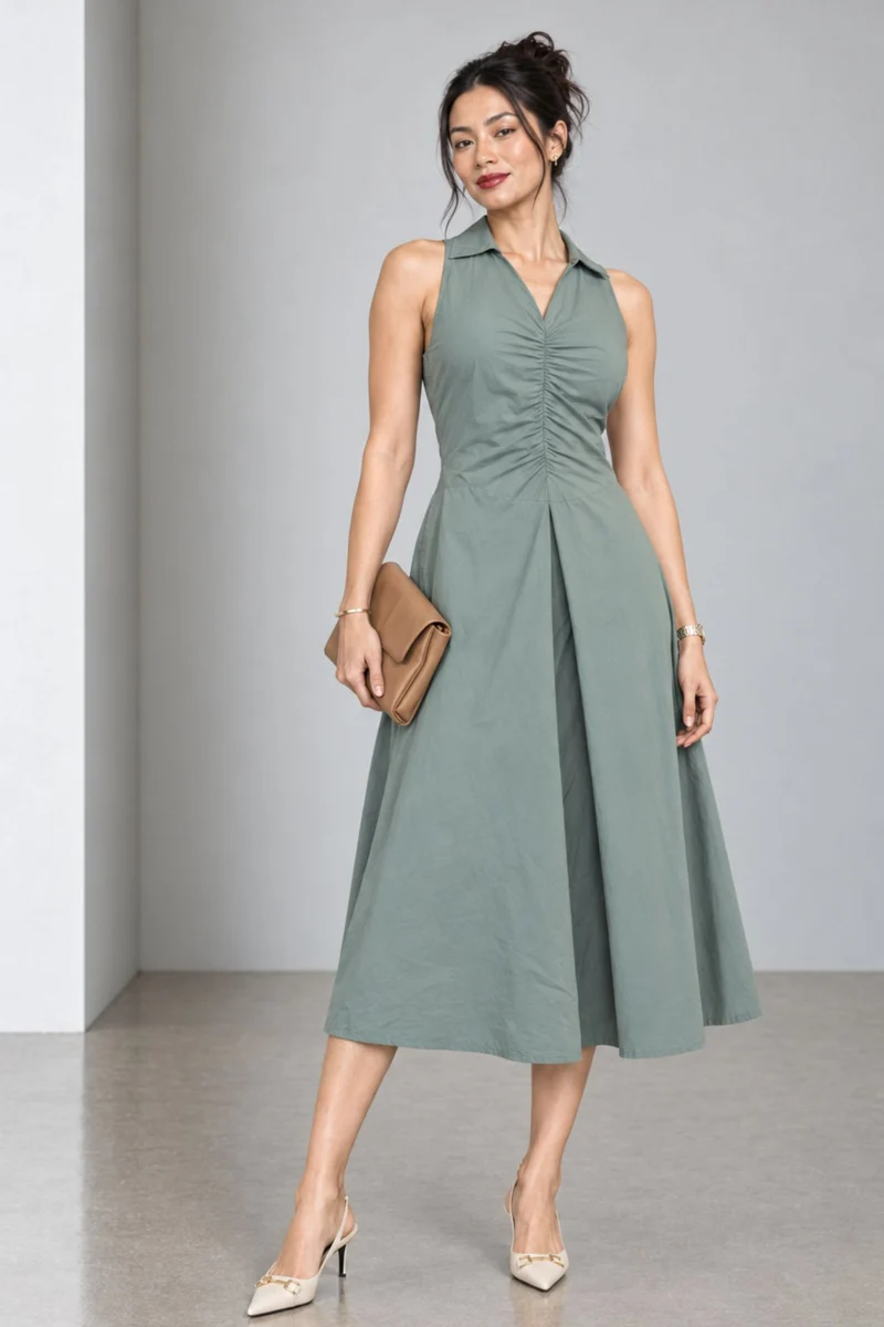 Catria|Cotton Ruched Spread Collar Dress