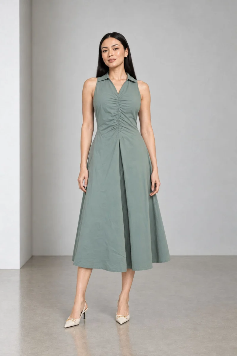 Catria|Cotton Ruched Spread Collar Dress