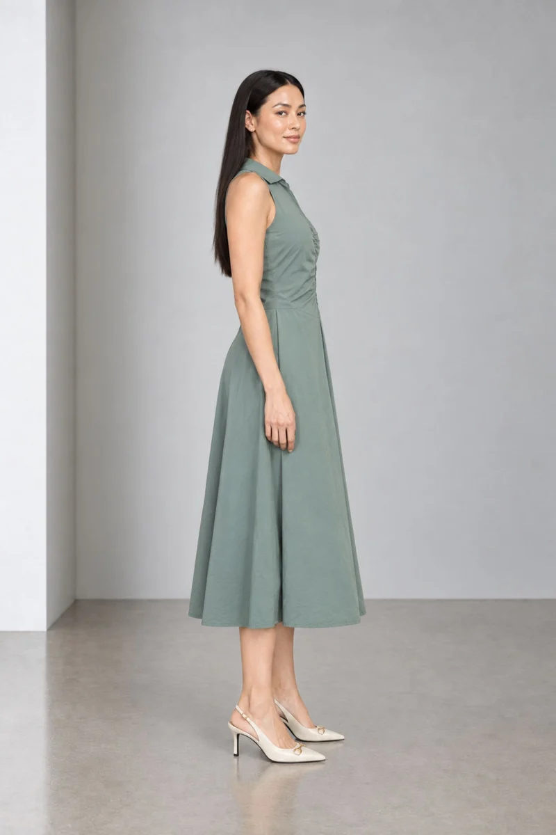 Catria|Cotton Ruched Spread Collar Dress