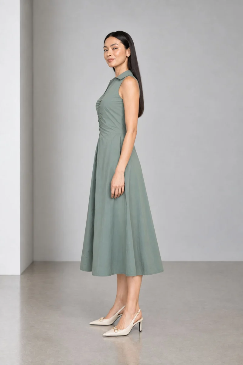 Catria|Cotton Ruched Spread Collar Dress