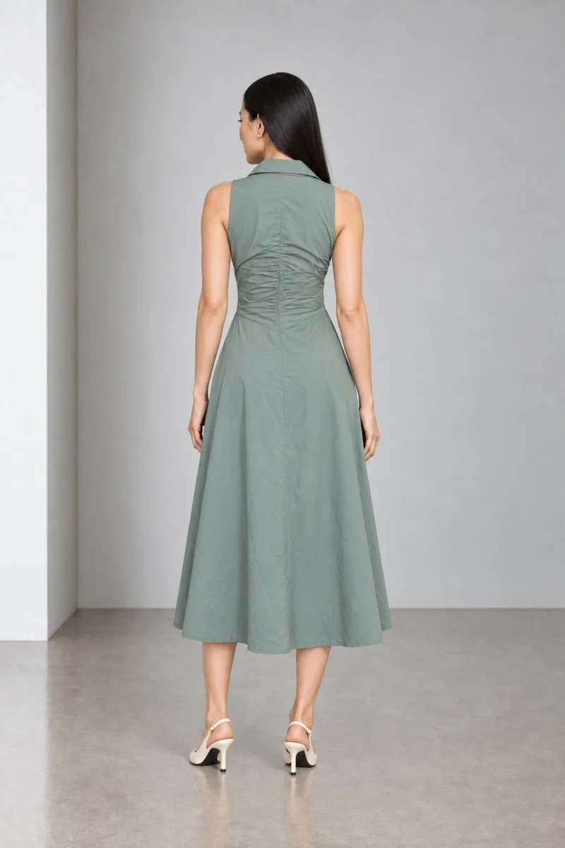 Catria|Cotton Ruched Spread Collar Dress