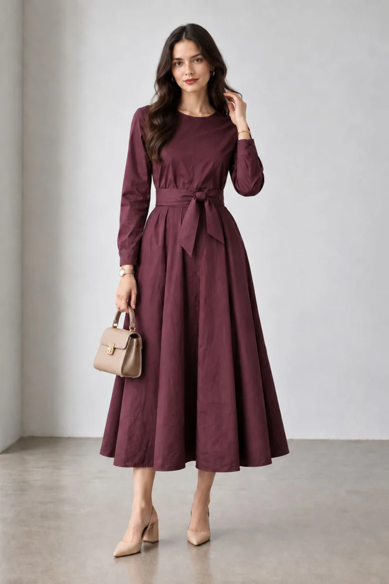 Virela|Cotton Round Neck Waist Tieup Dress