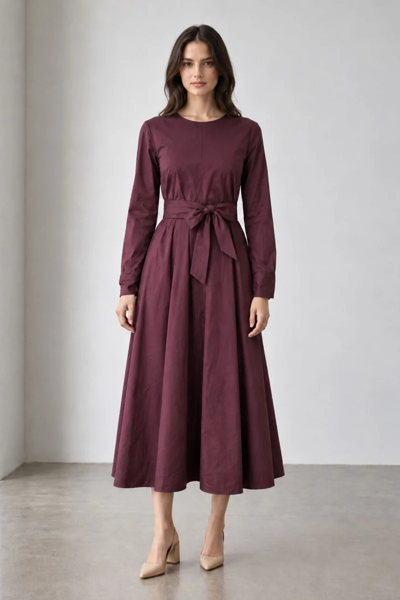 Virela|Cotton Round Neck Waist Tieup Dress