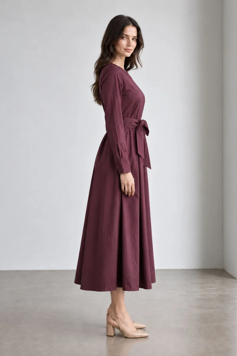 Virela|Cotton Round Neck Waist Tieup Dress