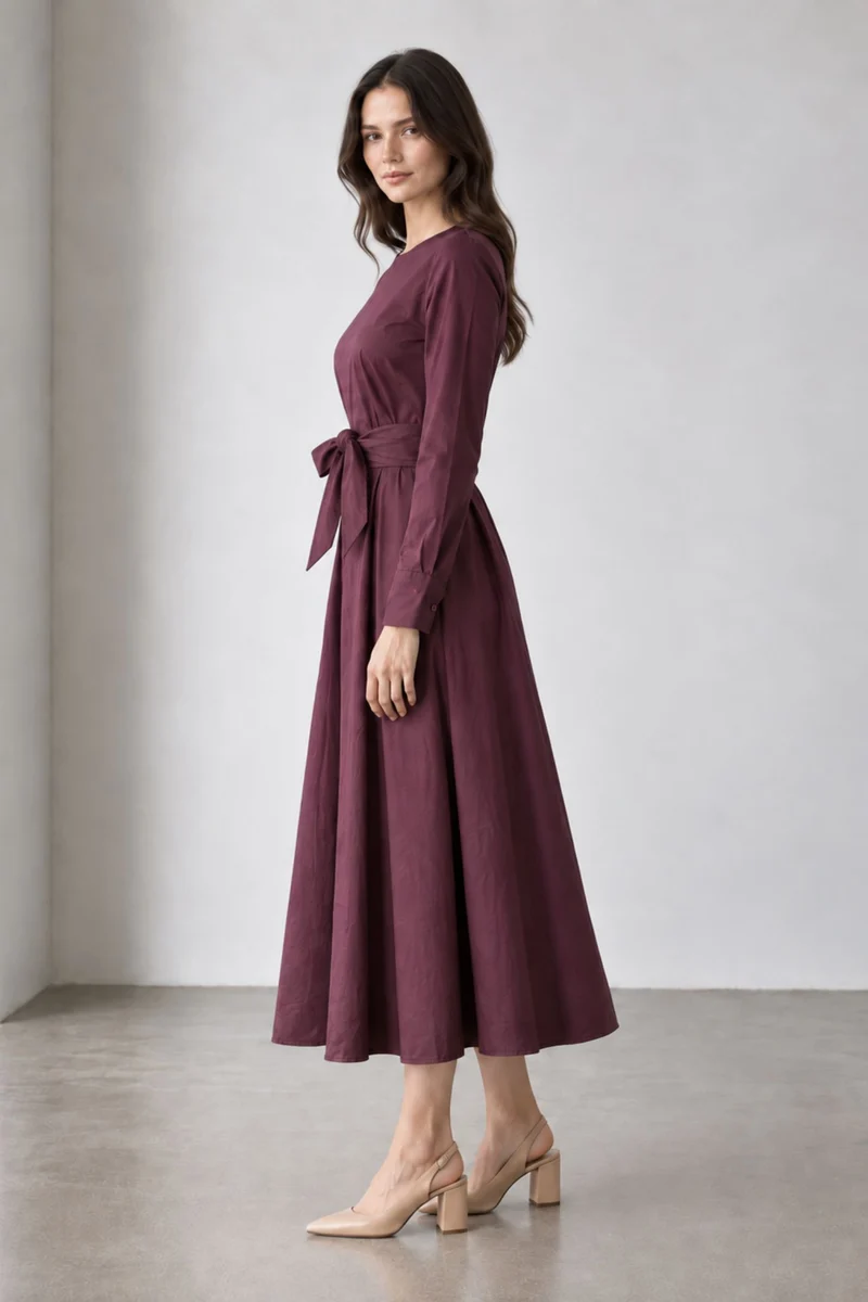 Virela|Cotton Round Neck Waist Tieup Dress