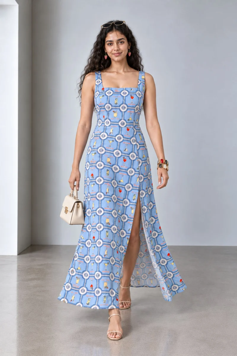 Sivelle|Viscose Square Neck Slit Maxi Dress