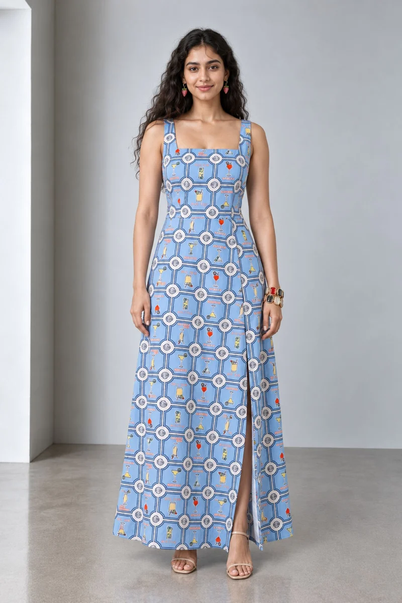 Sivelle|Viscose Square Neck Slit Maxi Dress