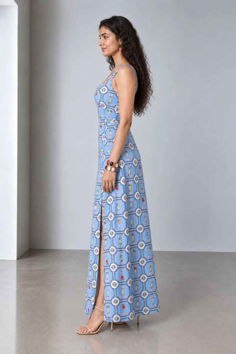 Sivelle|Viscose Square Neck Slit Maxi Dress