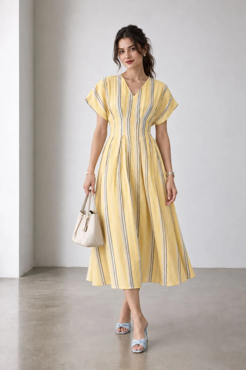Orilla|Stripe V Neck Cotton Maxi Dress