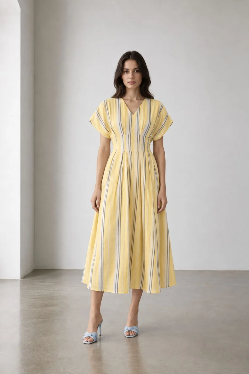 Orilla|Stripe V Neck Cotton Maxi Dress