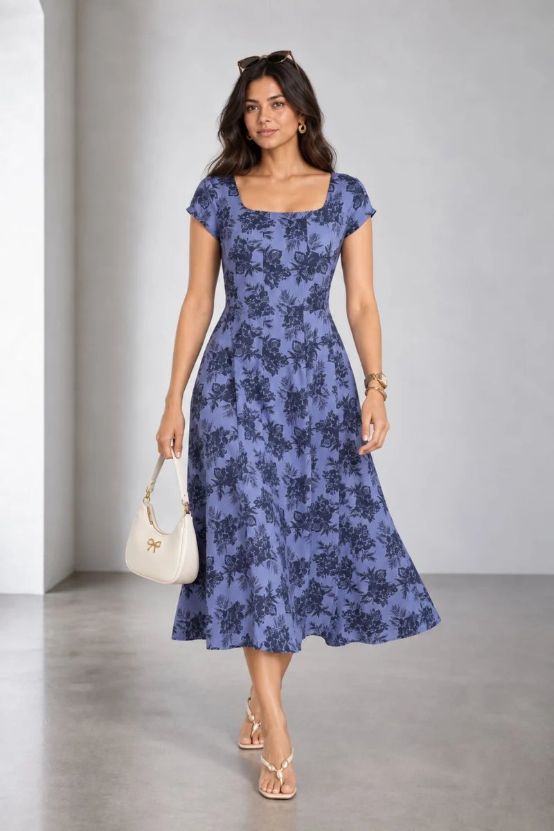 Zephyra|Cotton Printed Panel Midi Dress
