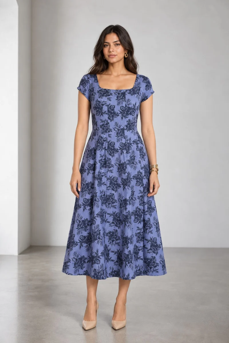 Zephyra|Cotton Printed Panel Midi Dress