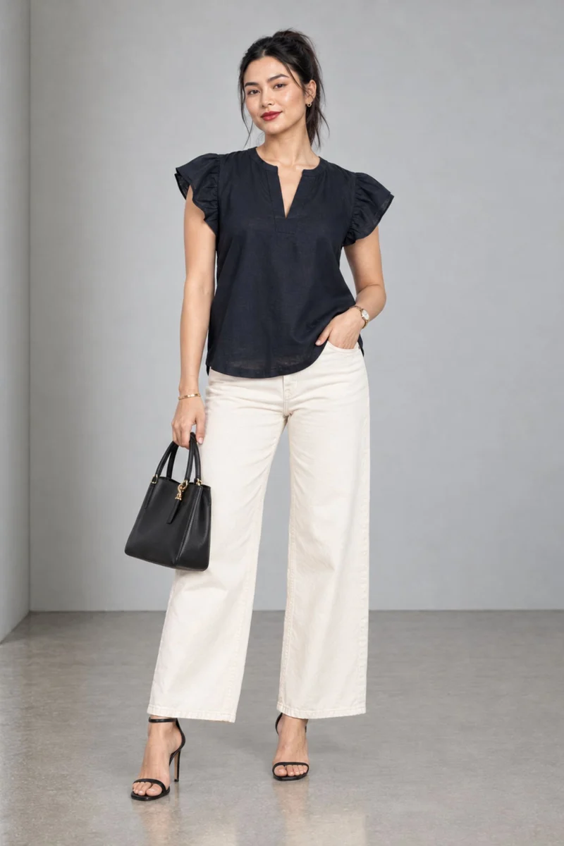 Nerine|Cotton Flutter Sleeve Regular Top