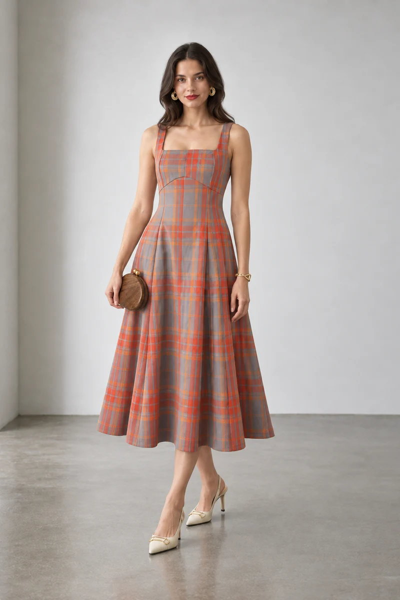 Clea|Cotton Square Neck Panelled Midi Dress