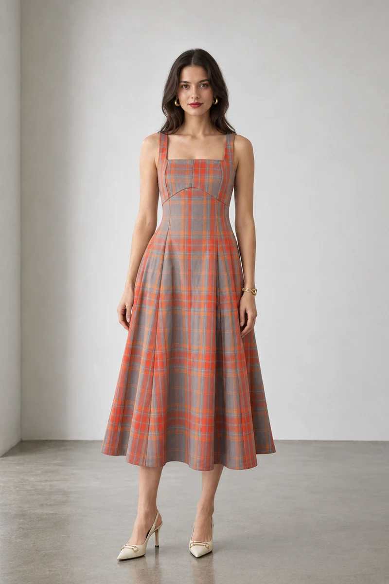 Clea|Cotton Square Neck Panelled Midi Dress