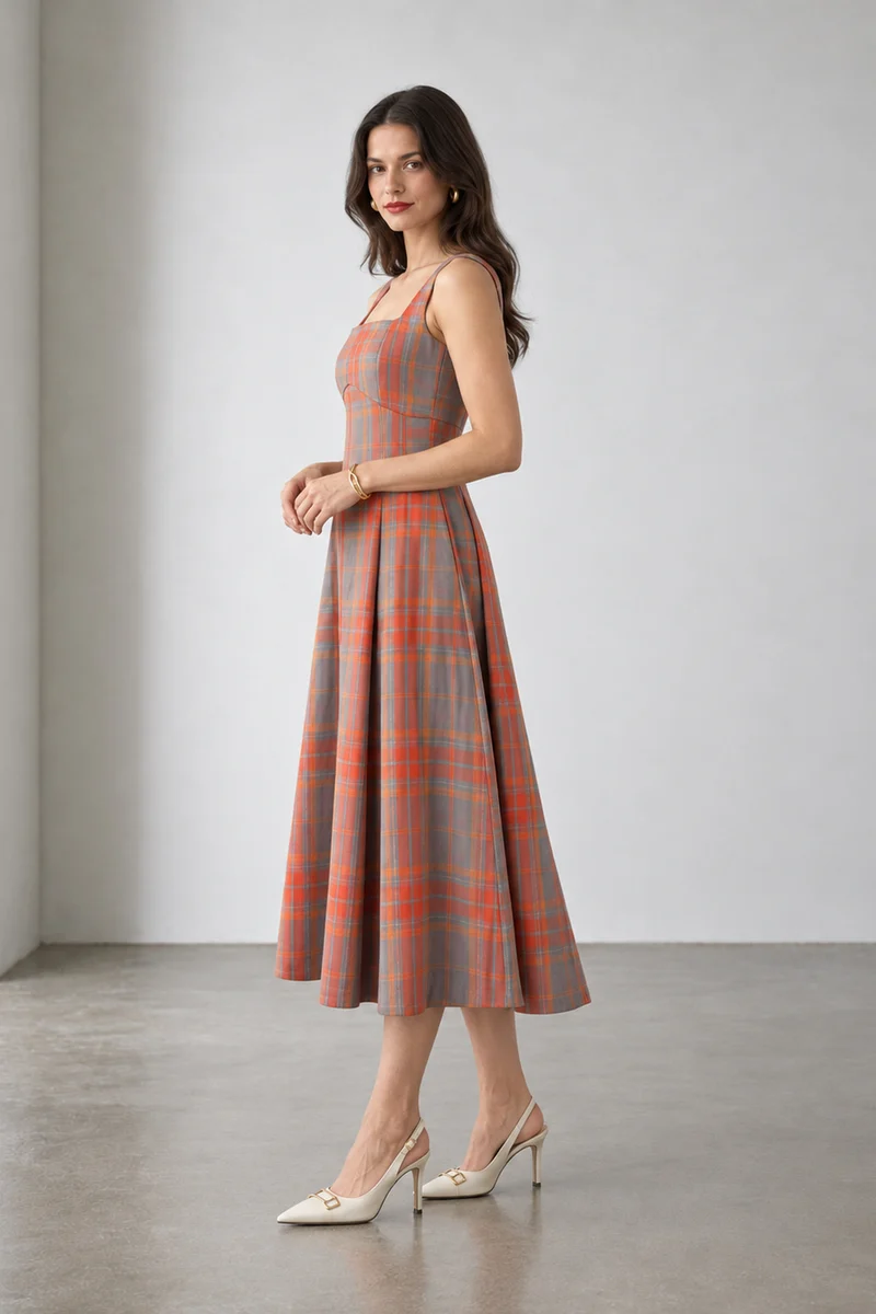 Clea|Cotton Square Neck Panelled Midi Dress