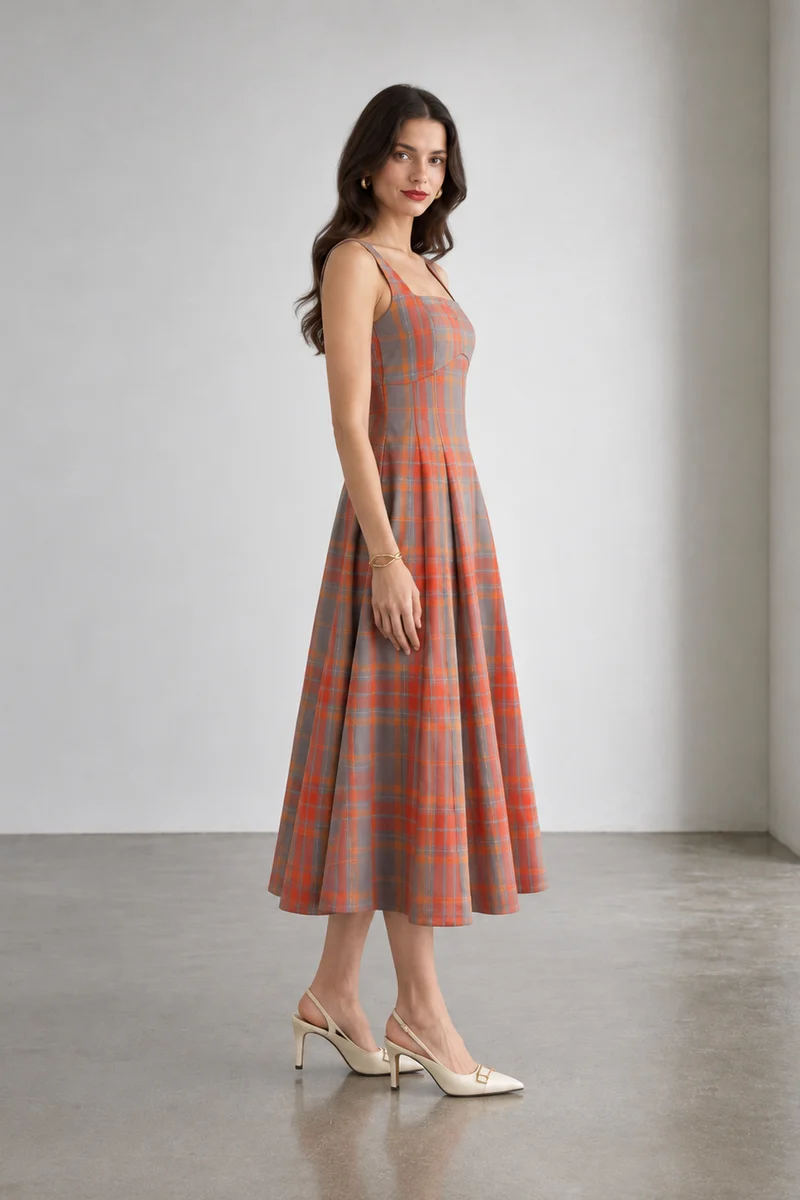 Clea|Cotton Square Neck Panelled Midi Dress