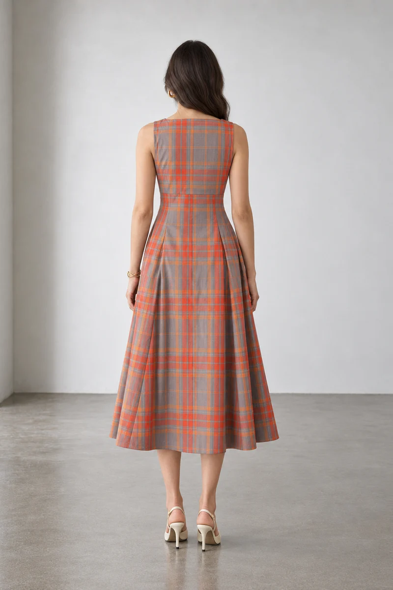Clea|Cotton Square Neck Panelled Midi Dress